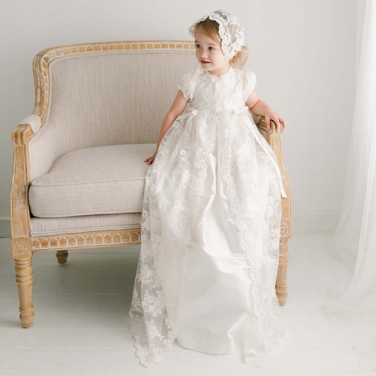 "Penelope" Lace Christening Gown & Bonnet Set - Heirloom Blessing Collection